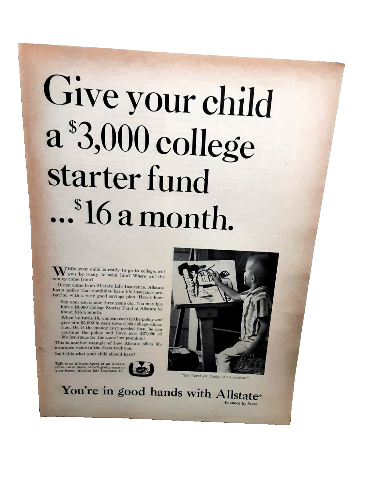 1966 Allstate Life Insurance Vintage Print Ad College Starter Fund