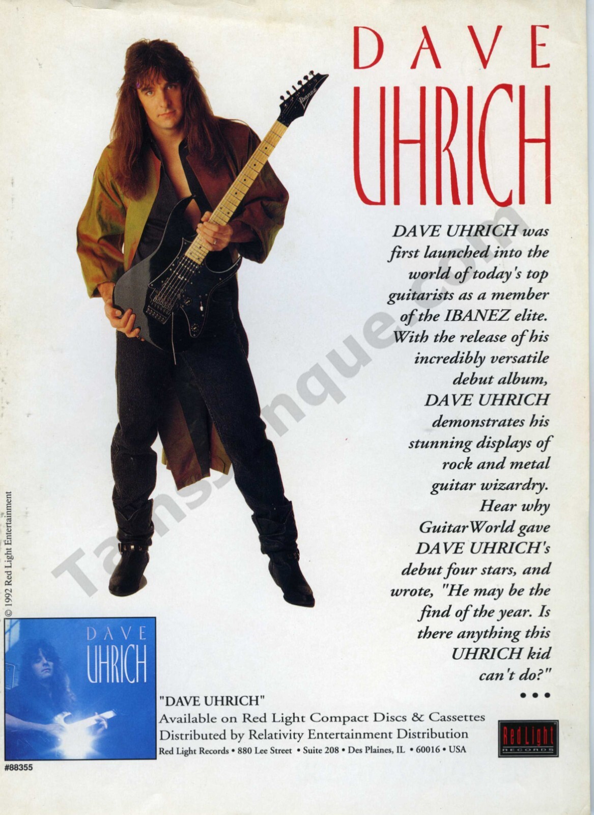 1993 Dave Uhrich Ibanez Album Promo Red Light PRINT AD Wall Decor Idea (2866)