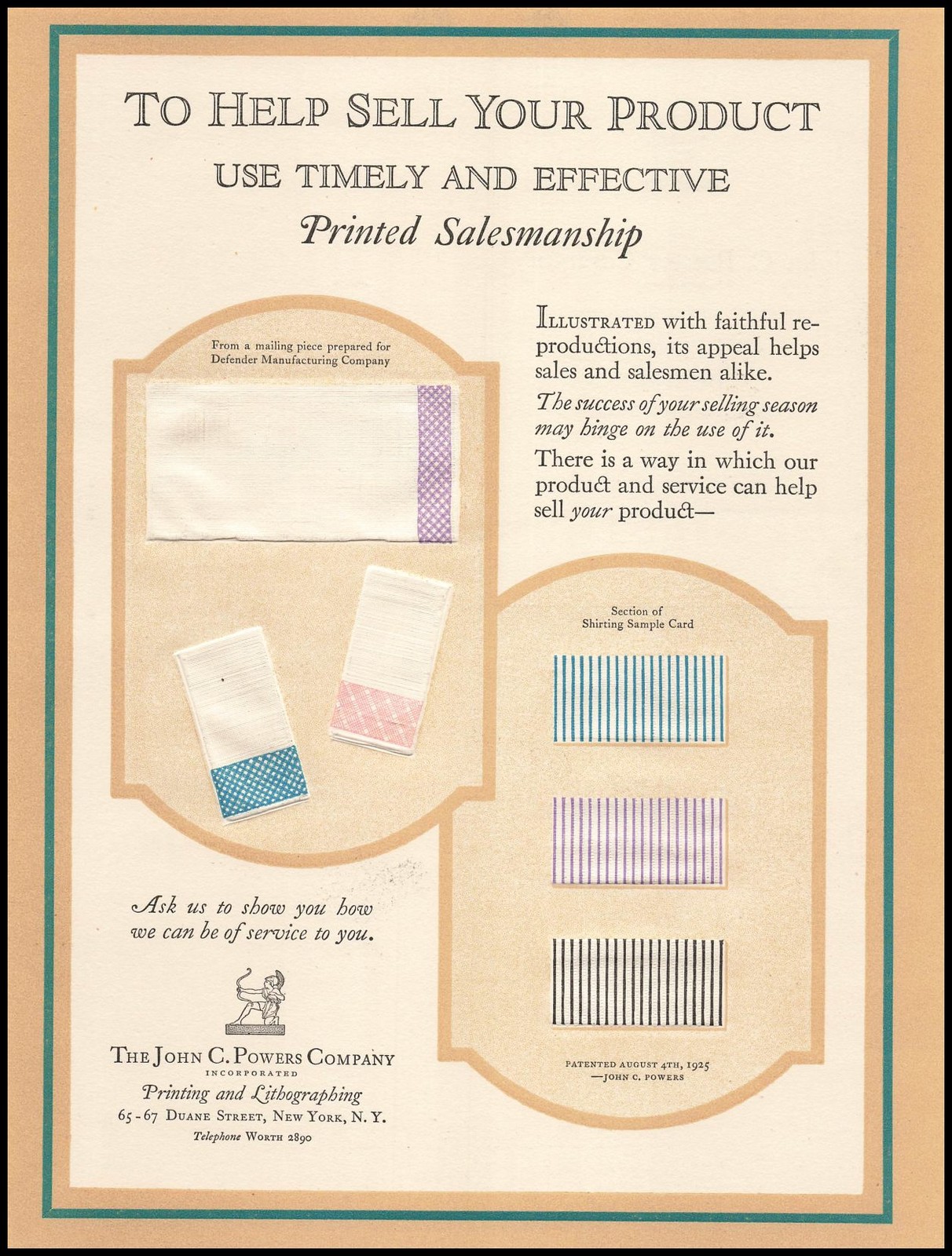 1926 John C. Powers Co. New York Salesman Fabric Swatch Samples Display Print Ad