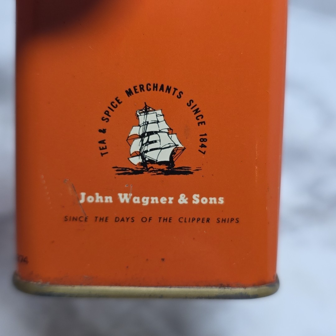 Vintage John Wagner & Sons Rich Mellow Ceylon Breakfast Tea Tin Orange 3/4 Oz