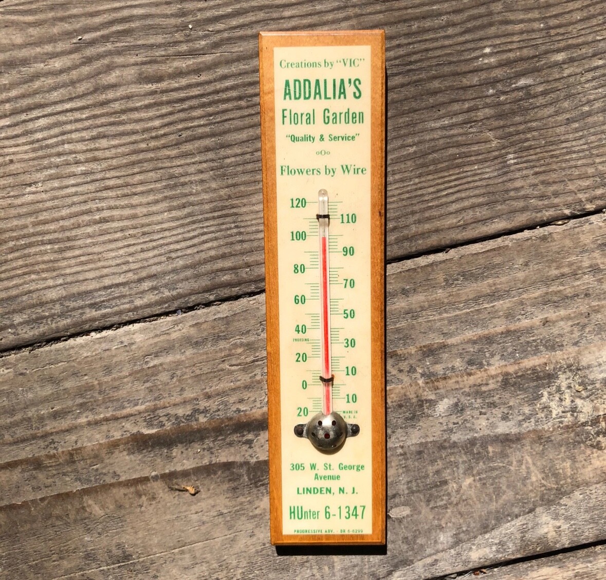 1930s LINDEN NJ ~ ADDALIA’S FLORAL GARDEN ~ FLOWERS BY WIRE Thermometer Sign
