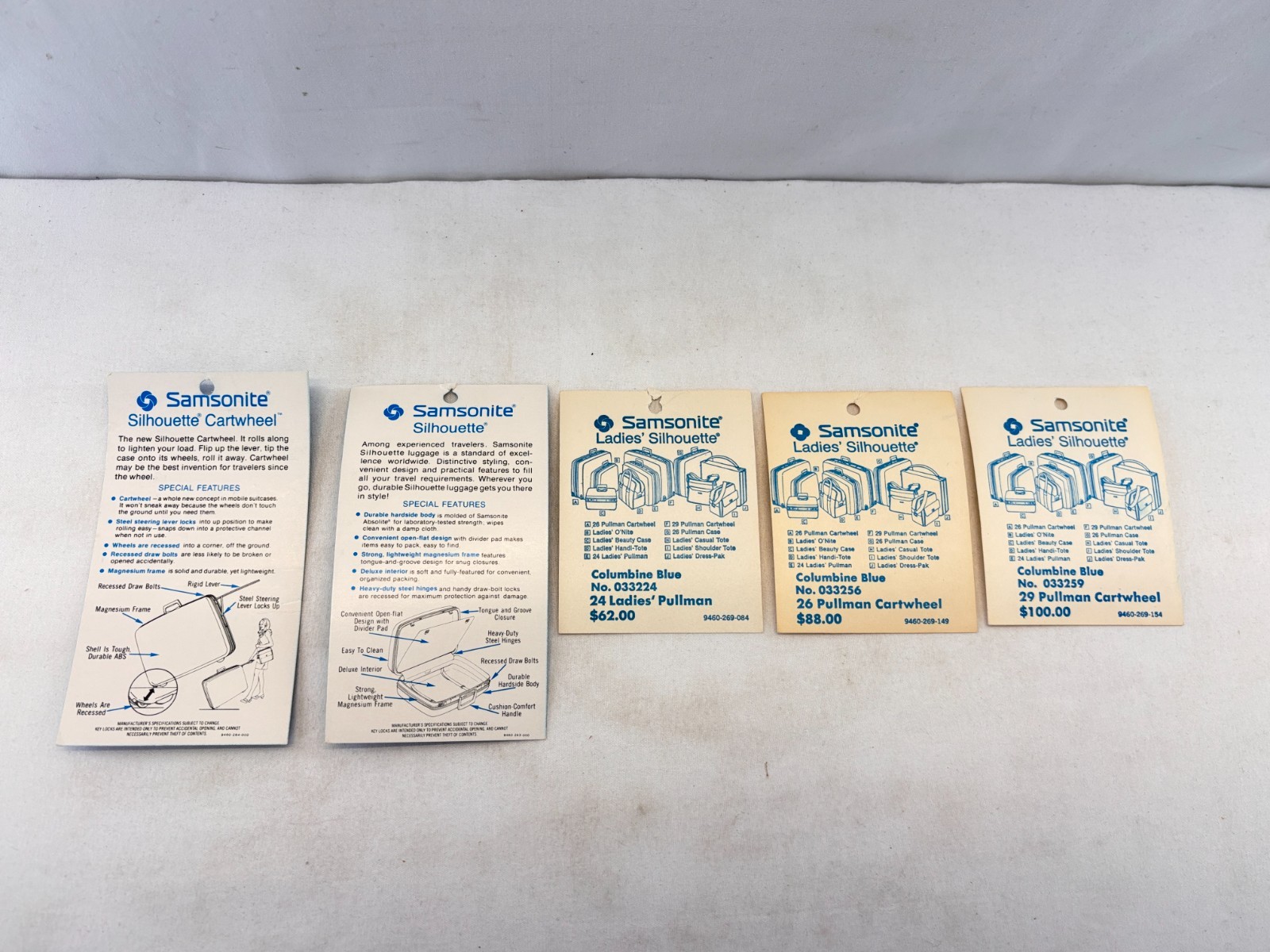 Vintage Samsonite Silhouette Dealer Hang Tags Lot of 5 Columbia Blue Price Tags