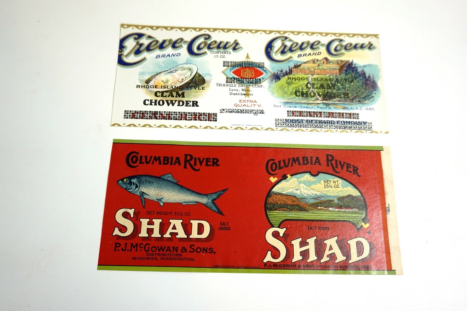 CREVE COEUR CLAM CHOWDER / COLUMBIA SHAD VINTAGE 1930’S – 1940’S PAPER LABELS