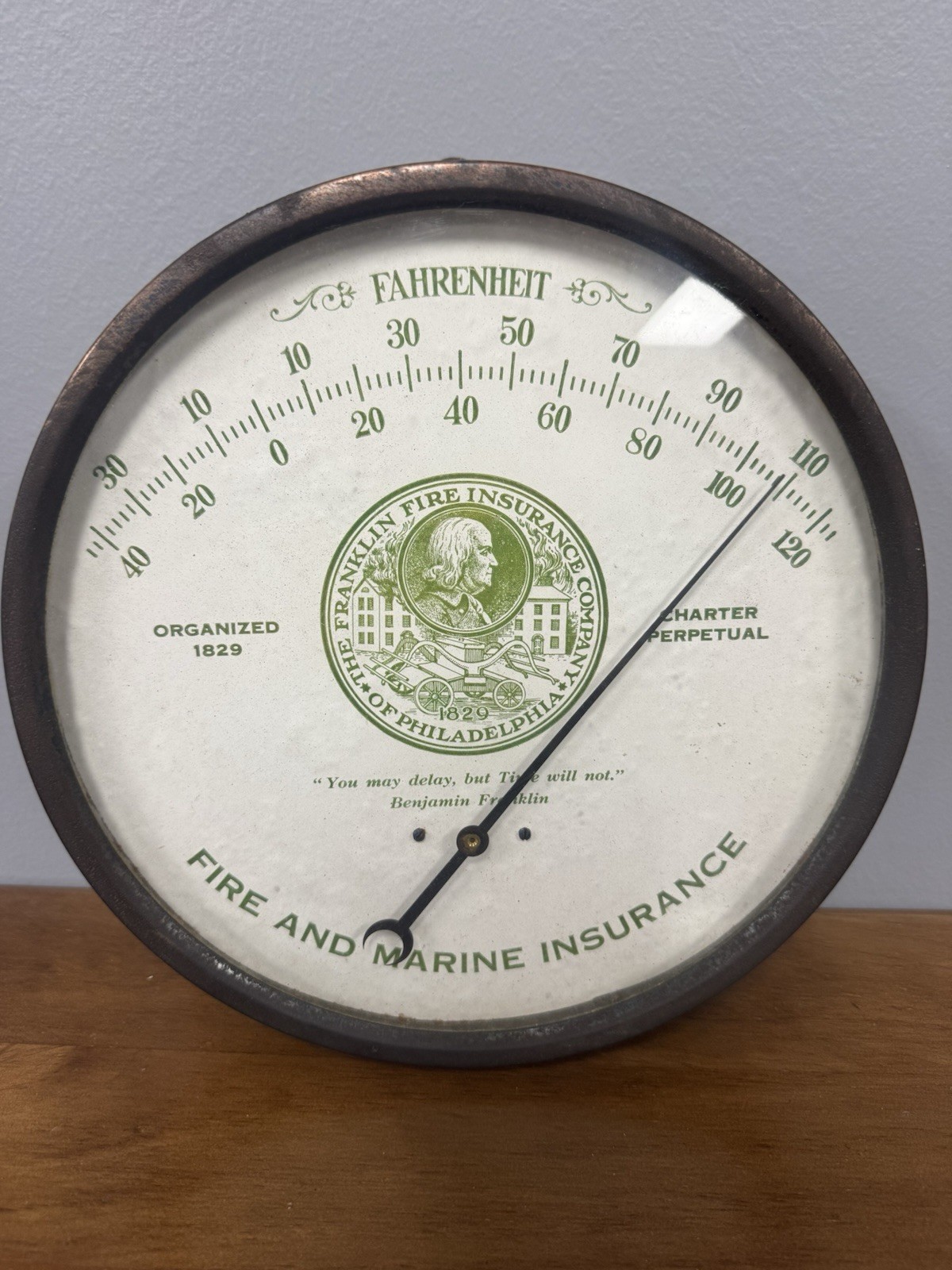 Franklin Fire Insurance Co. Vintage Advertising Thermometer Sign, White/Green/B…