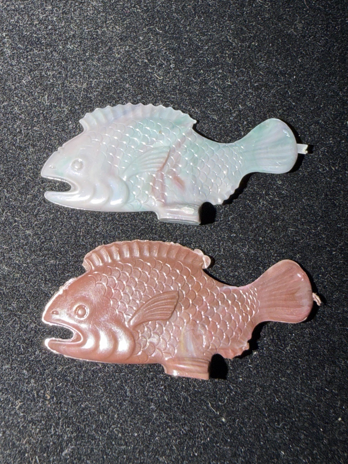 Vintage Cracker Jack Plastic Fish Prize Pair Marbleized & Brown Mid Century Toy