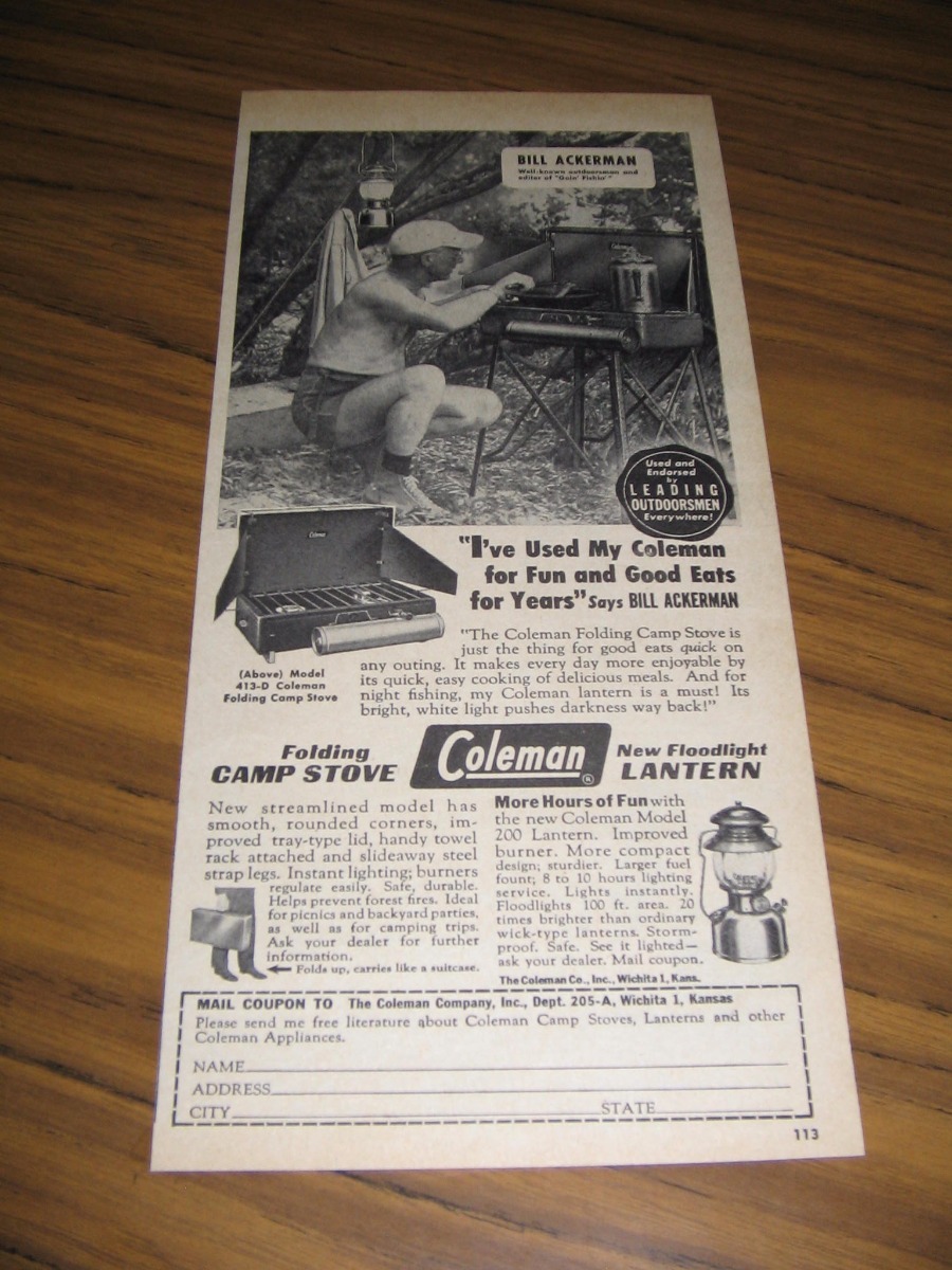 1951 Print Ad Coleman Camp Stove & Floodlight Lantern Outdoorsman Bill Ackerman