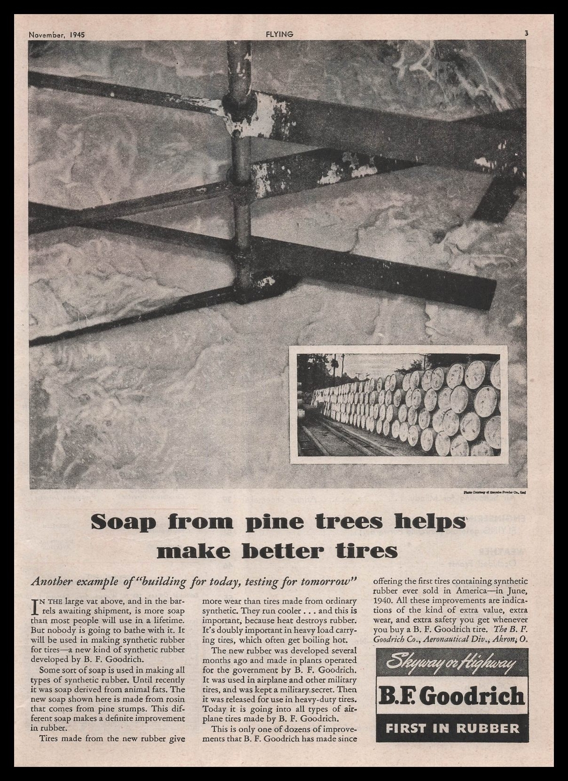 1945 B. F. Goodrich Aircraft “Soap From Pine Trees Make Better Tires” Print Ad