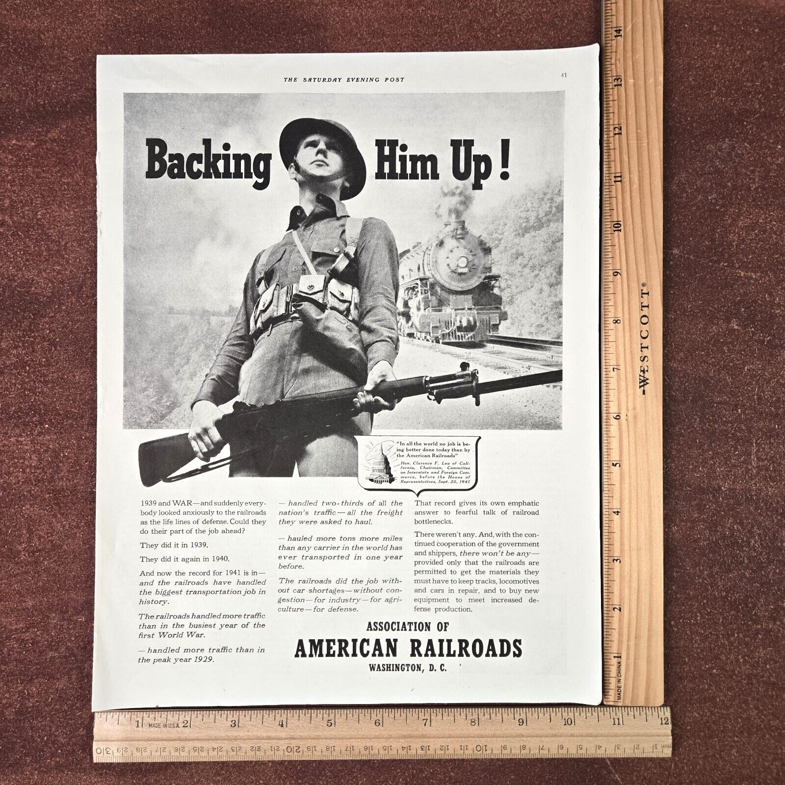 1941 Association Of American Railroads Photo WWII Soldier Rifle Bayonet Print Ad