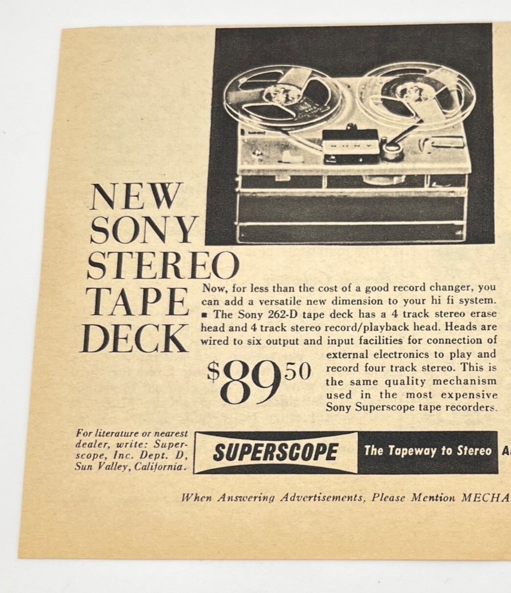 Sony Superscope 262-D Vintage Print Ad 1960s Stereo Tape Deck Amplifier