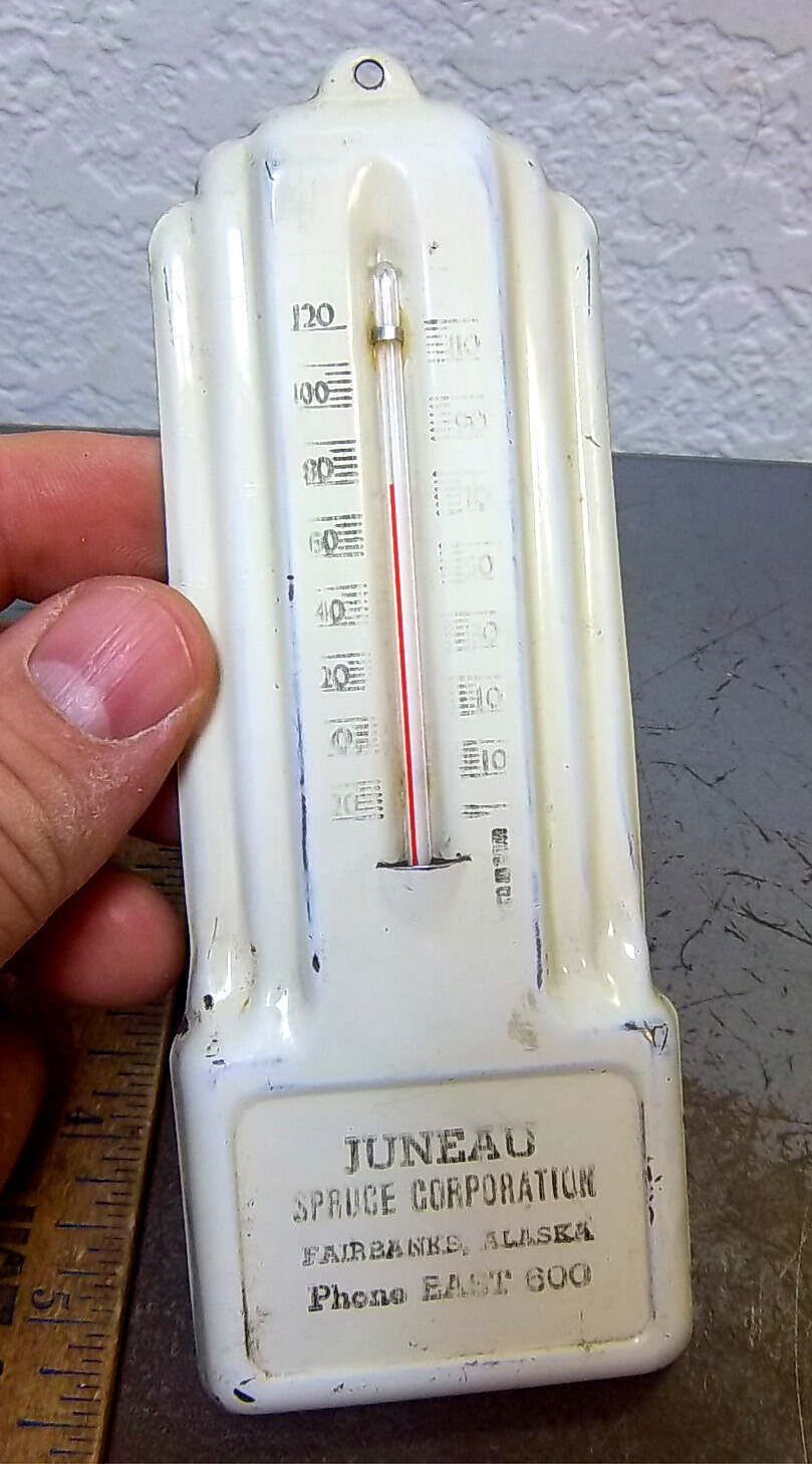vintage Metal Thermometer 1920s 30s art deco style Fairbanks Alaska, Juneau corp