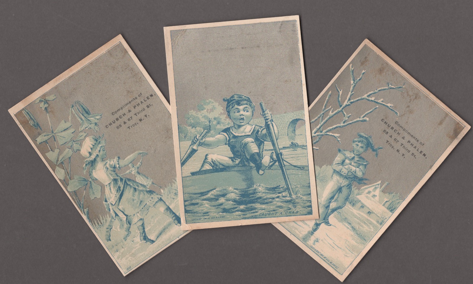3 (1881) TROY NY TRADE CARDS, CHURCH & PHALEN’S DRY GOODS, BLUE ON SILVER C287