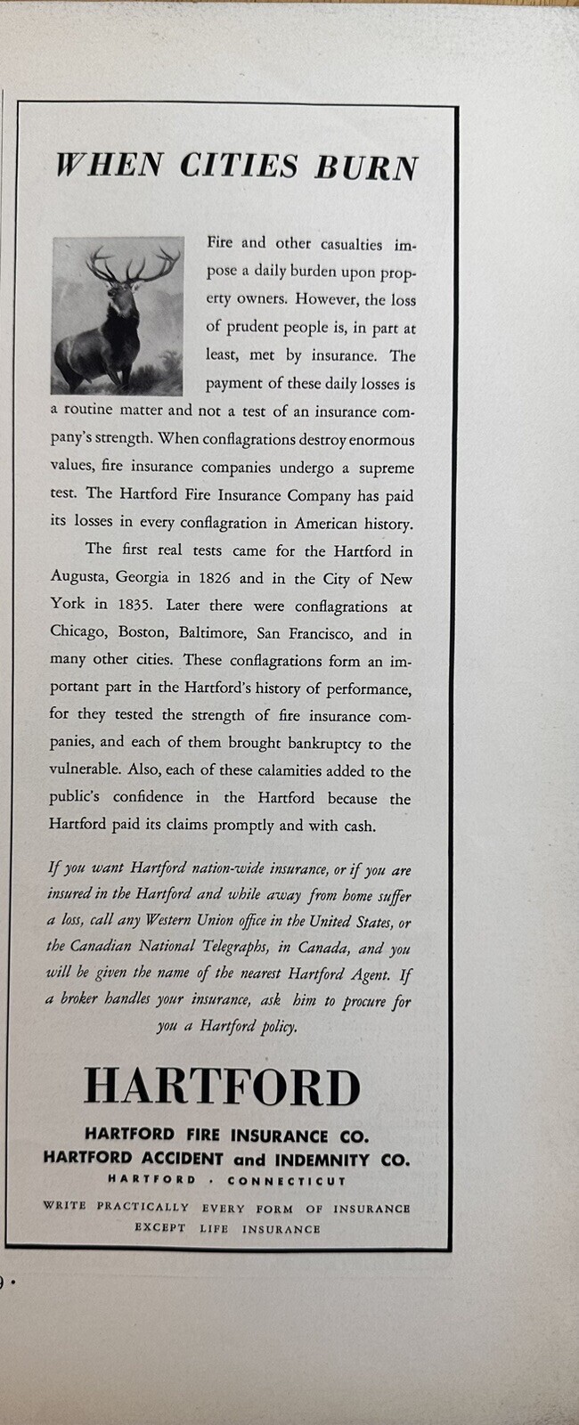 1935 Hartford Fire Insurance Company Original Print Ad, When Cities Burn, Deer