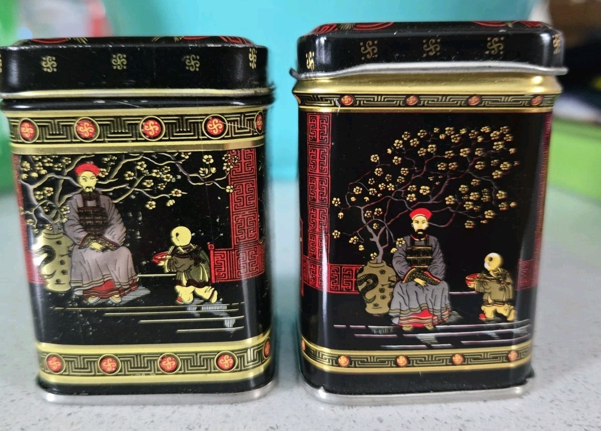 Vintage Oriental Tea Caddy Tin Black/Gold/Red Chinese Collectable 70’s Set of 2