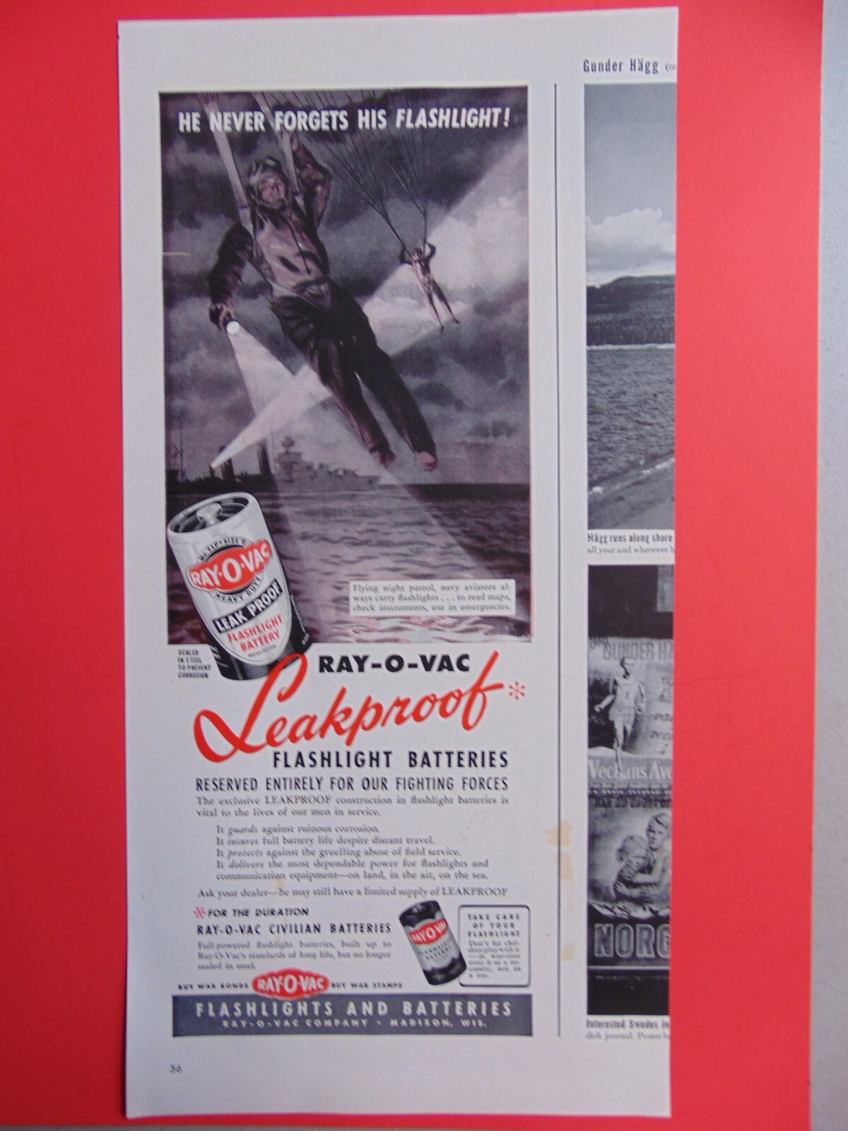 1943 RAY-O-VAC Leakproof Flashlight Batteries vintage art print ad