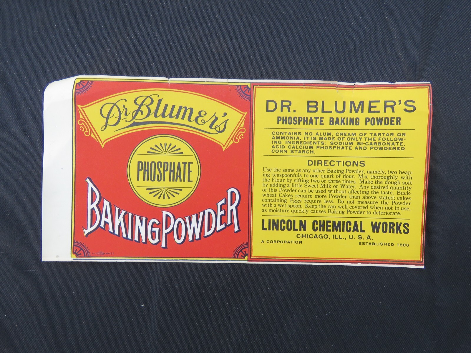 Dr. Blumer’s Baking Powder Vintage Label, 1920s Chicago, Illinois