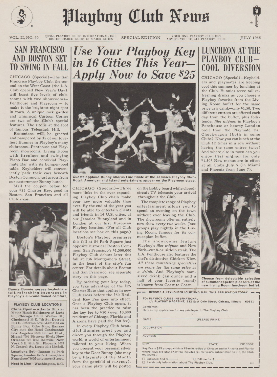 1965 “Playboy Club News” – “Use Your Key In 16 Cities” – Promo Print Ad Photo