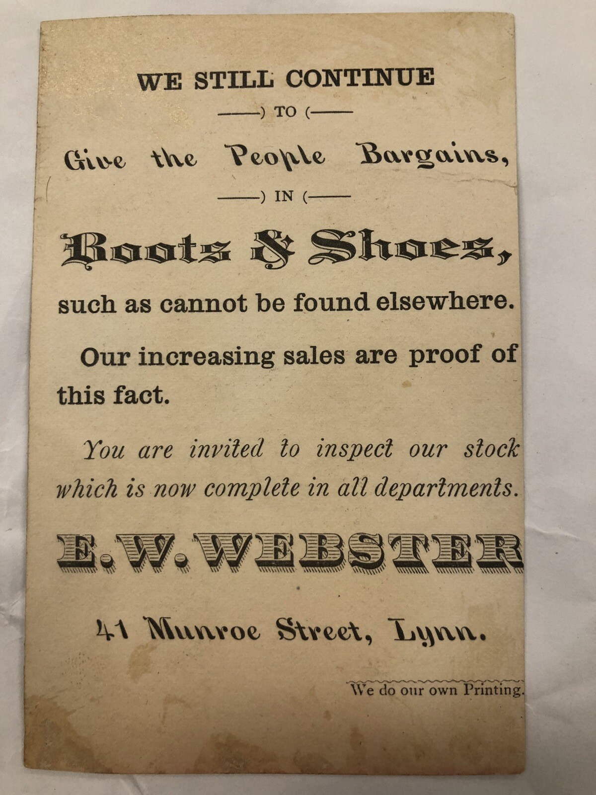 Roots & Shoes Webster 1880 Victorian Trade Card VTC 7