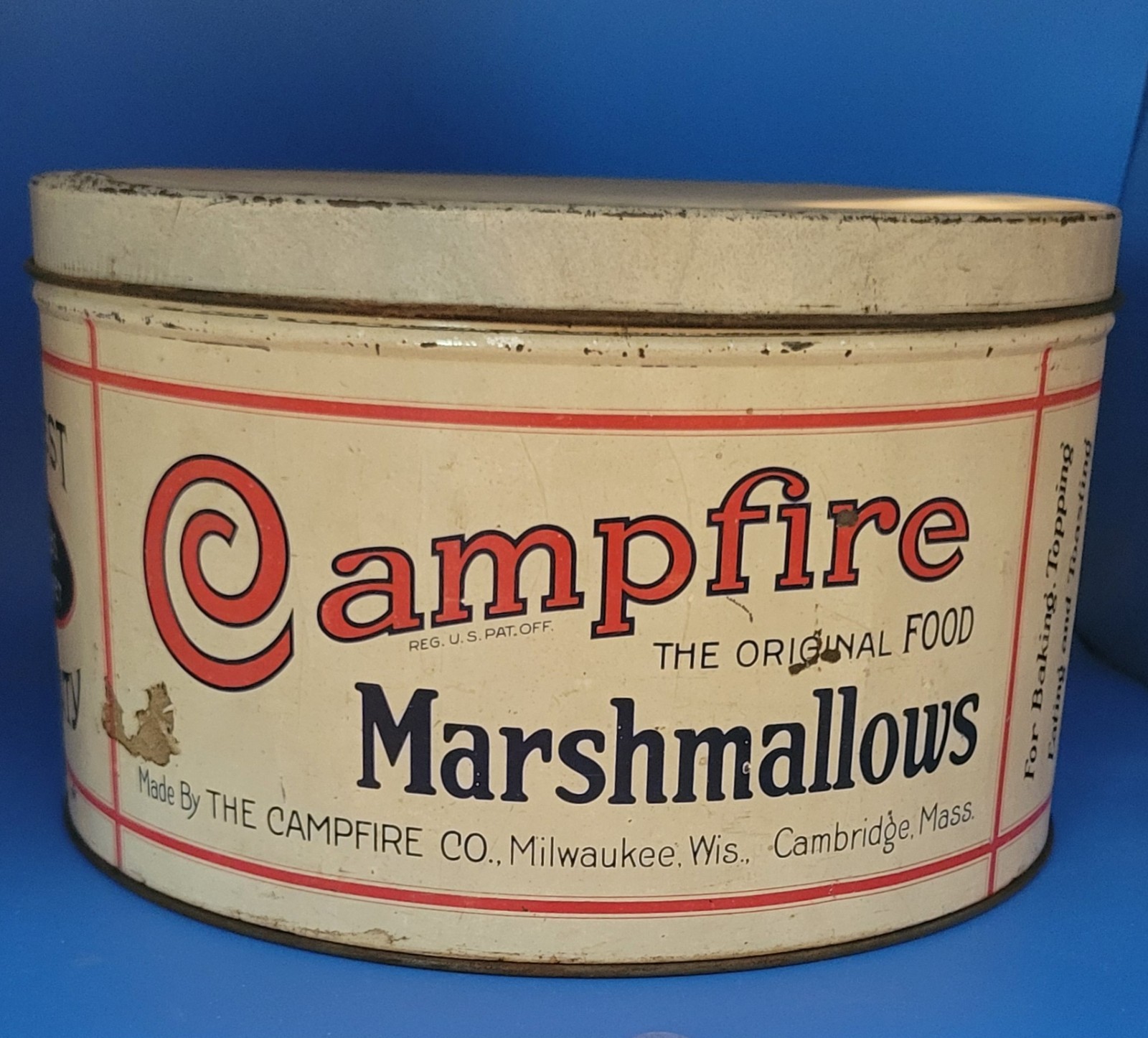 Campfire Marshmallows 5 LB VTG Tin Milwaukee Cambridge Mass Metal Advertising