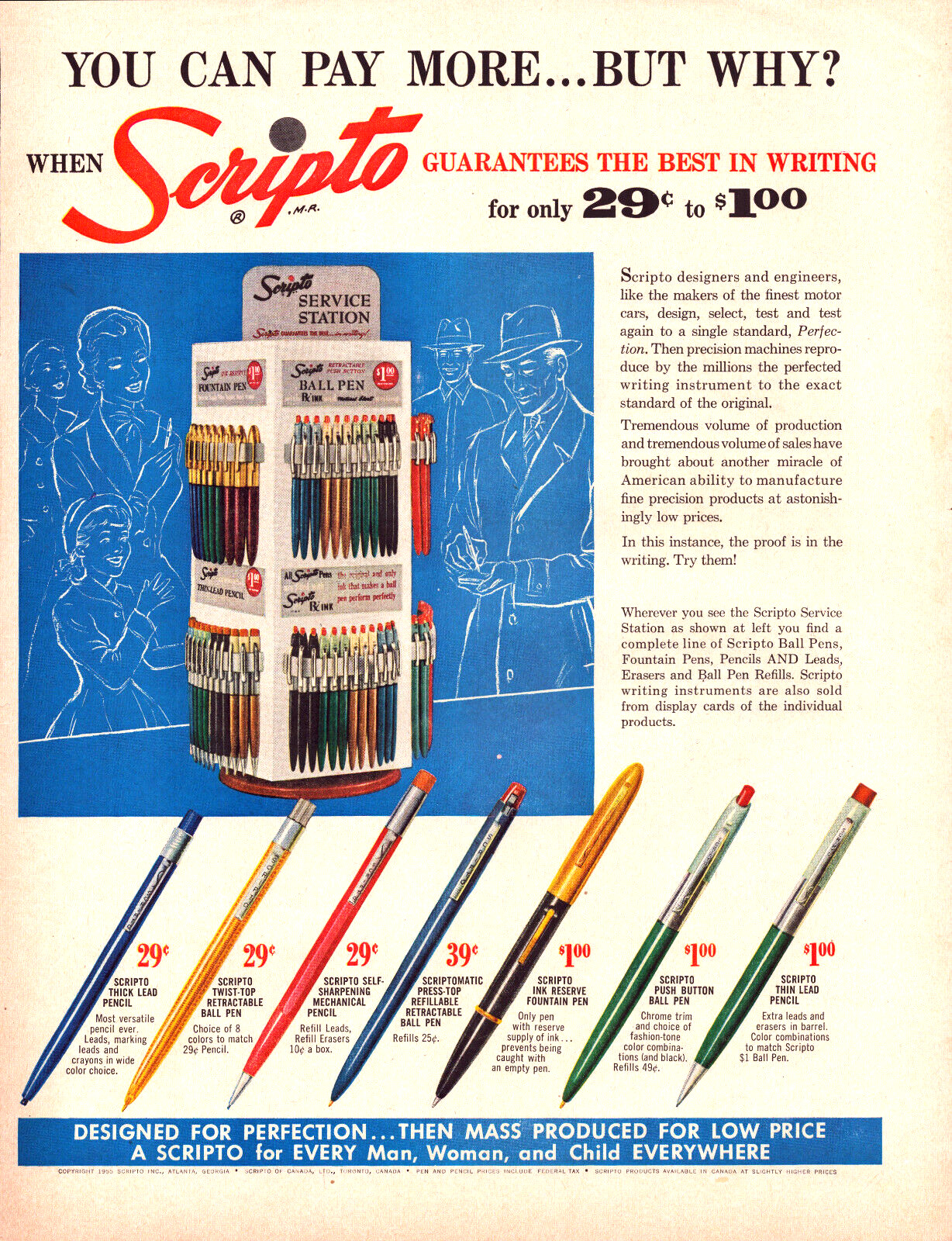Scripto Ball Pens Mechanical Pencils Perfection MCM Vintage Print Ad 1955