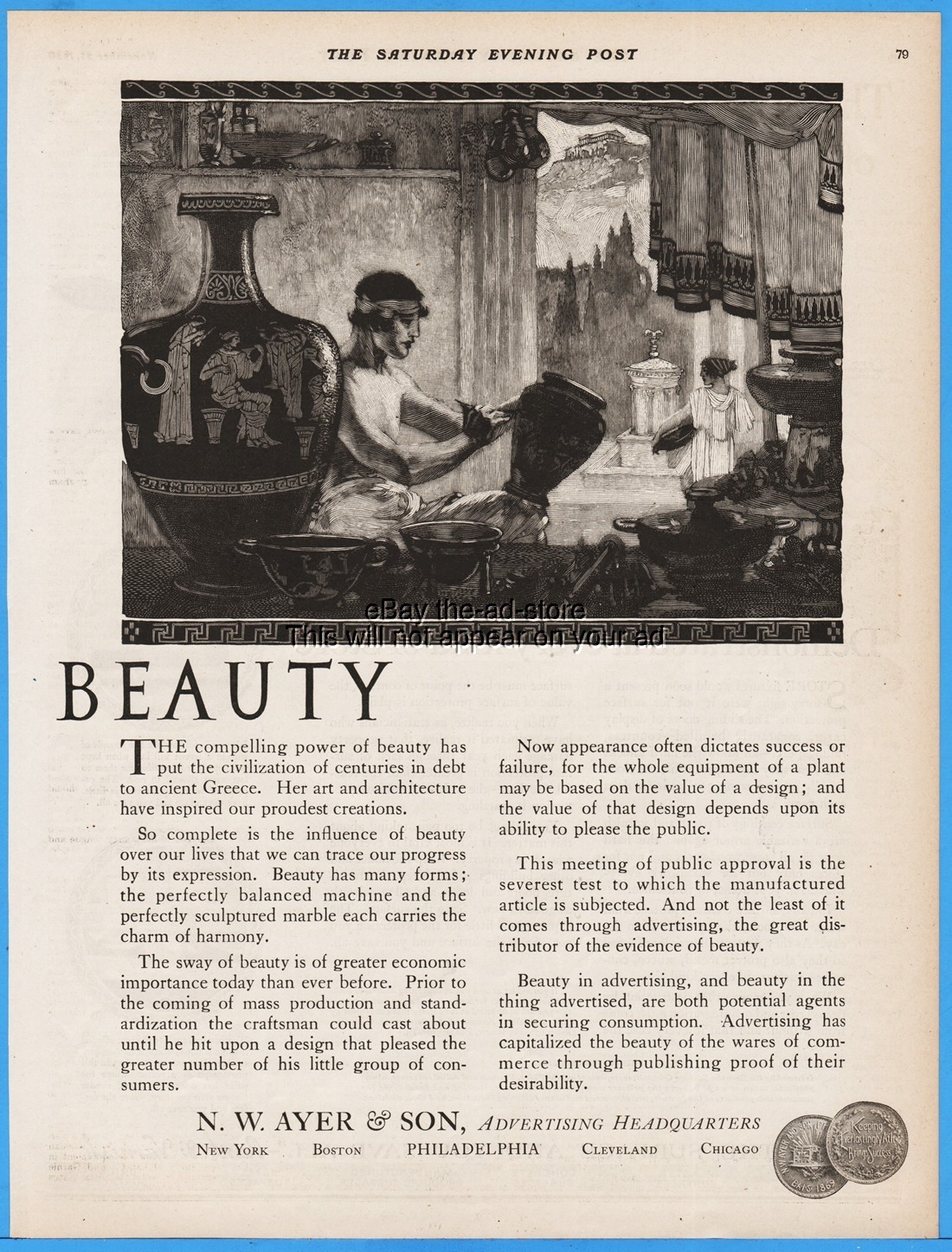 1920 N.W. Ayer & Son Advertising Agency Vintage Magazine Ad Ancient Greece Vase