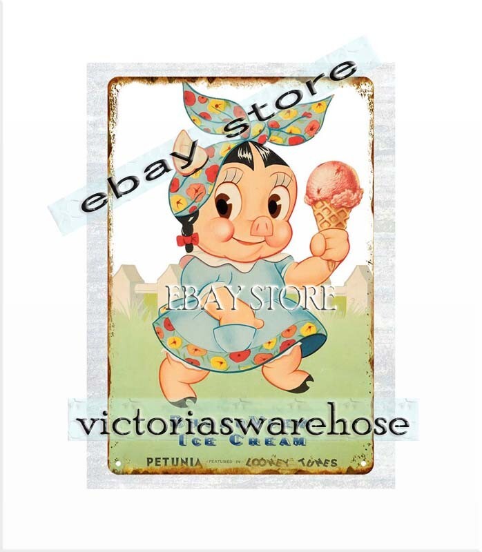 1940 LOONEY TUNES PETUNIA PIG ICE CREAM metal tin sign retro home decor wall art