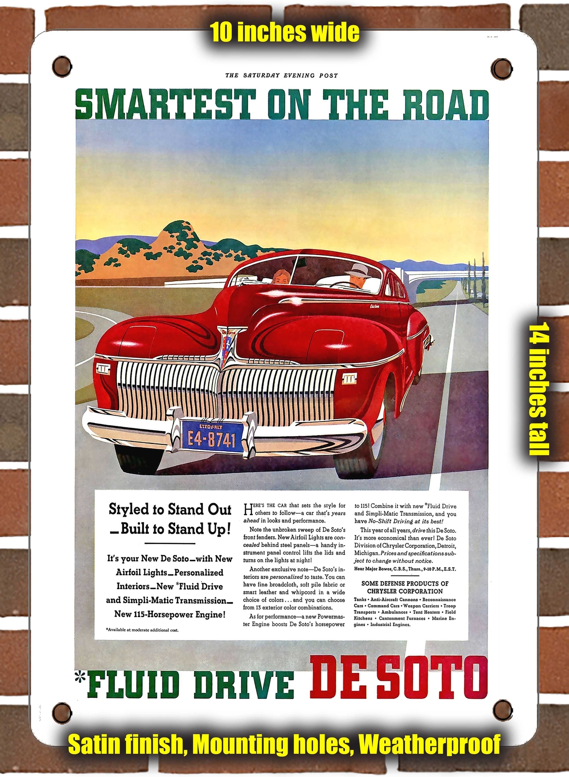 METAL SIGN – 1941 DeSoto Smartest on the Road – 10×14 Inches