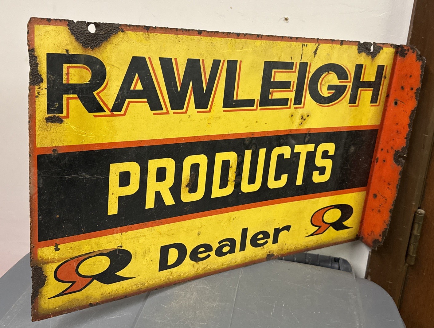 VINTAGE RARE RAWLEIGH PRODUCTS DOUBLE SIDED METAL DEALER FLANGE SIGN