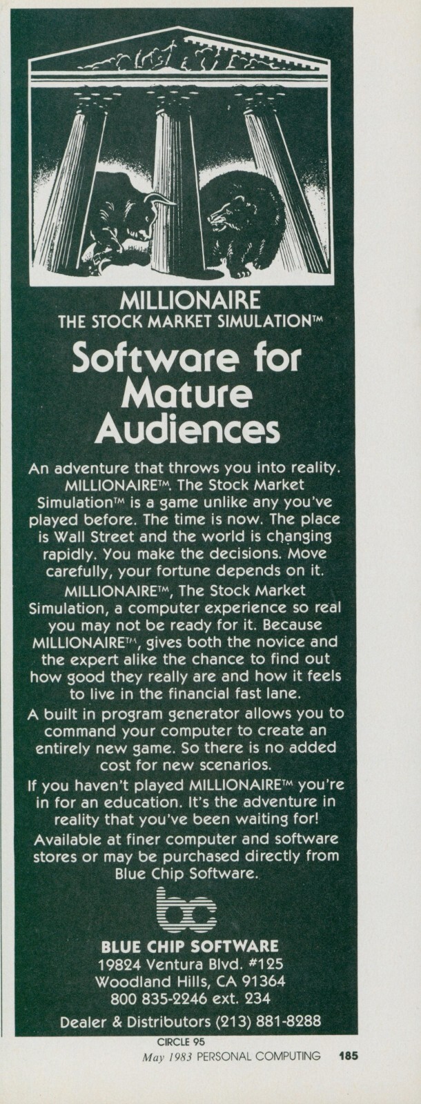 1983 Millionaire Blue Chip Software Stock Market Simulation Bull Bear Ad PEC1