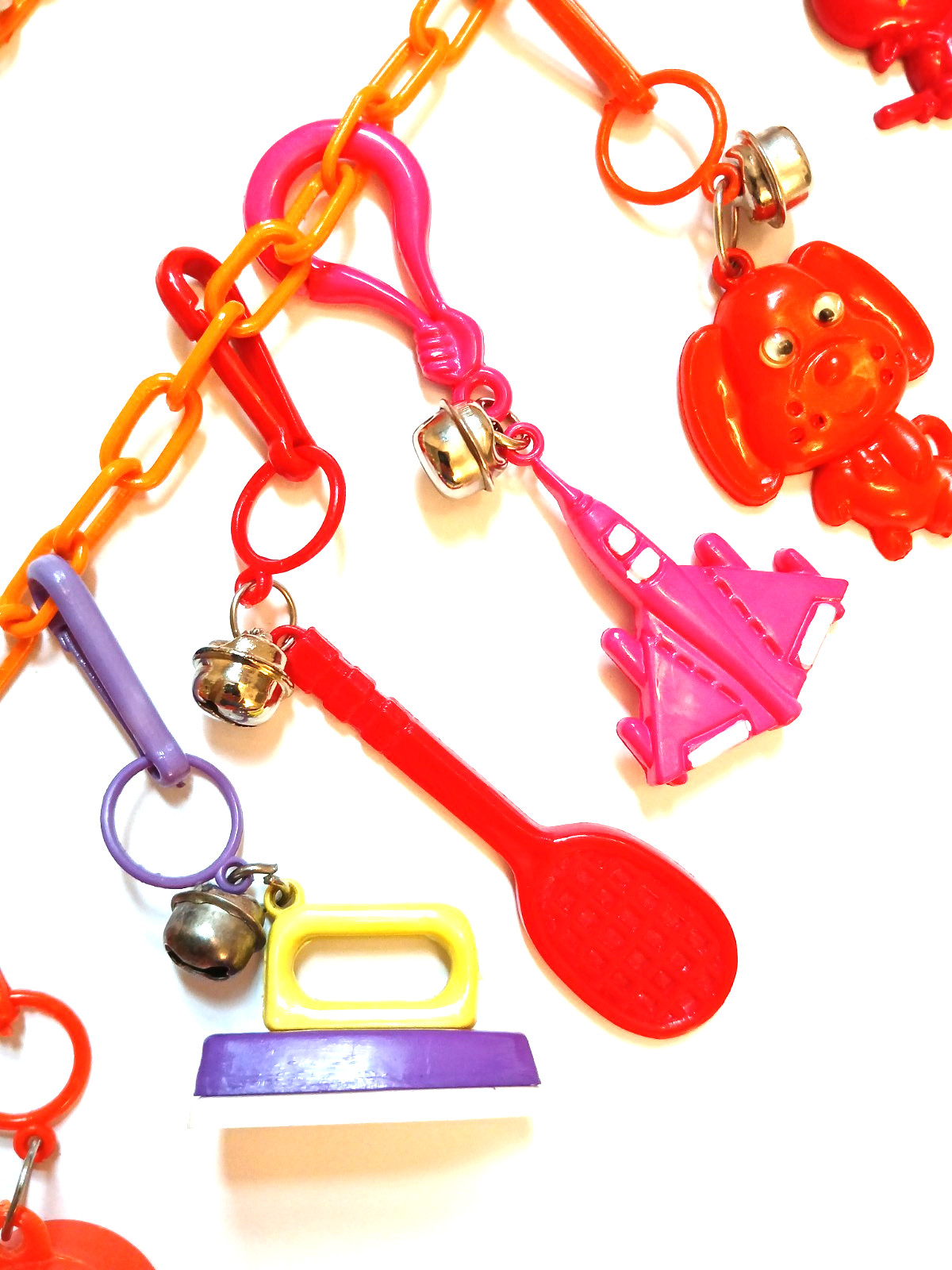 Vintage 80s Bell Charm Necklace w/ 15 Plastic Clip Charms and Orange Chain Retro
