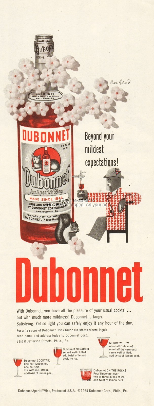 1954 Dubonnet Aperitif Wine Paul Rand graphic art Cocktail Recipe Drink Print Ad