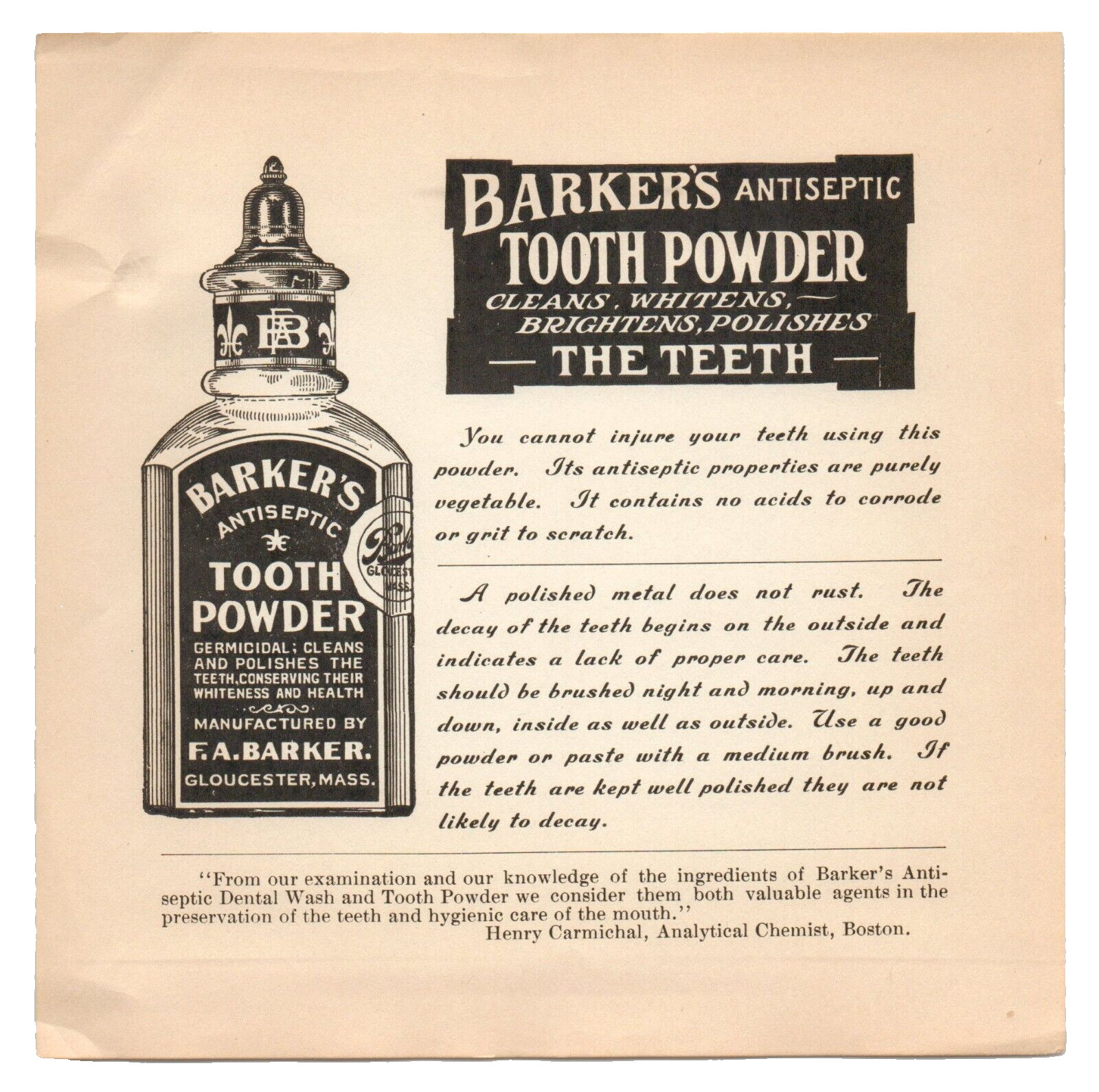 c1910 Barker’s Antiseptic Tooth Powder Print Ad Dental Hygiene Gloucester MA VTG