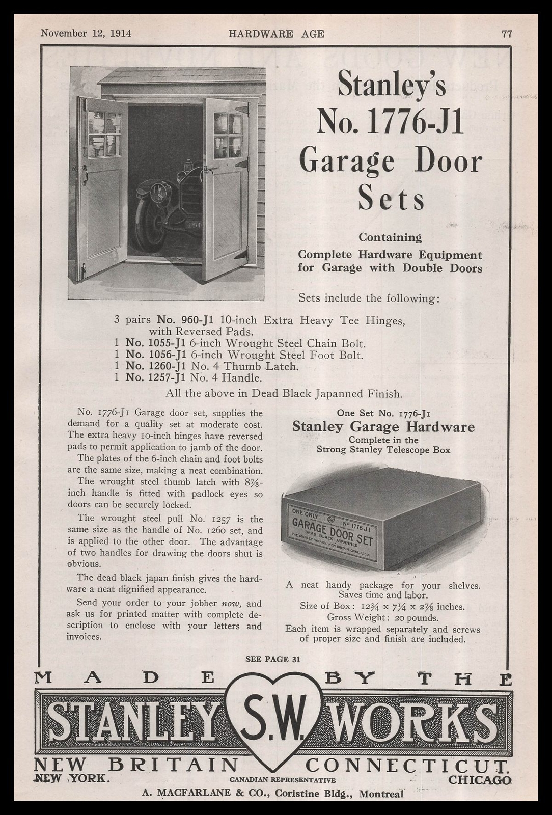 1914 The Stanley Works Hardware No. 1776-11 Garage Door Sets Vintage Print Ad