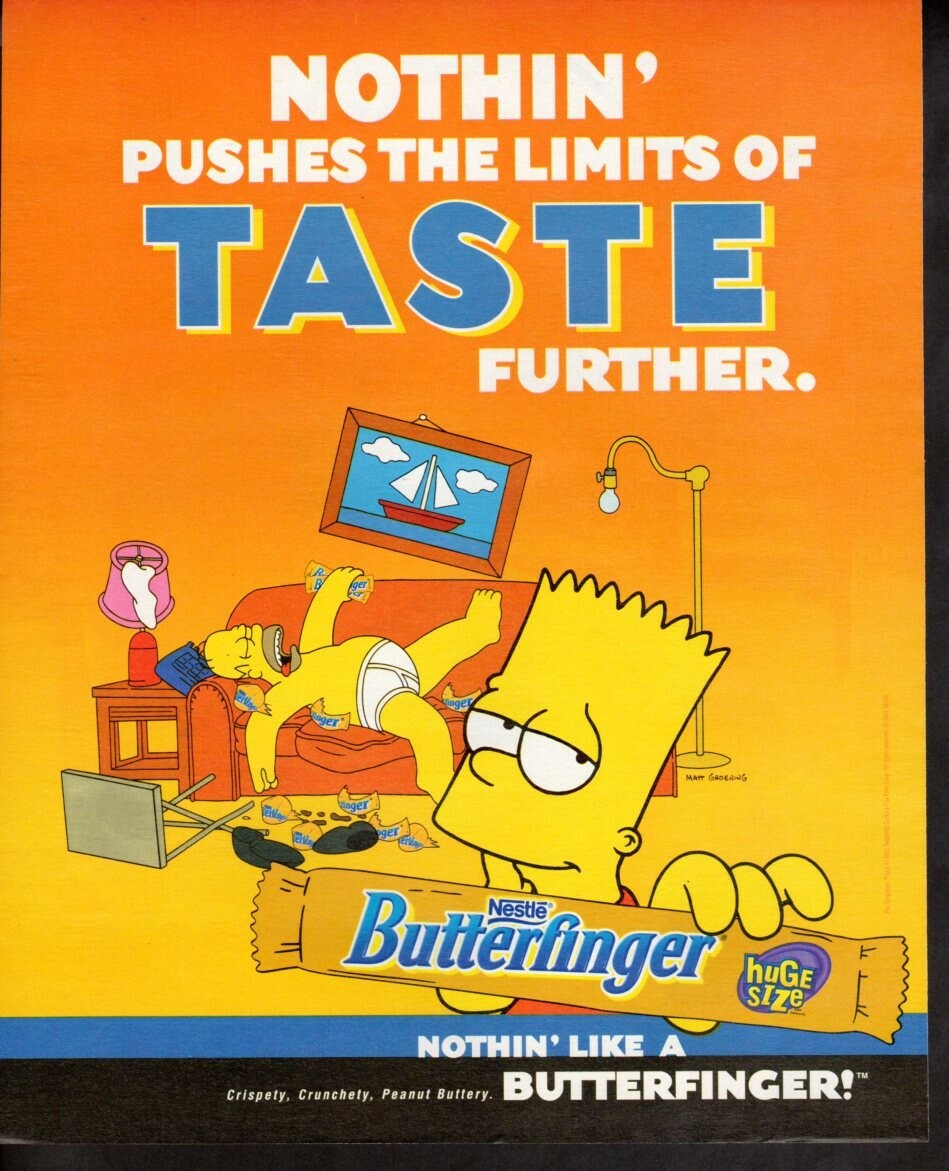 Vintage print ad advertisement Candy Nestle’ Butterfinger Bart Simpson Pushes