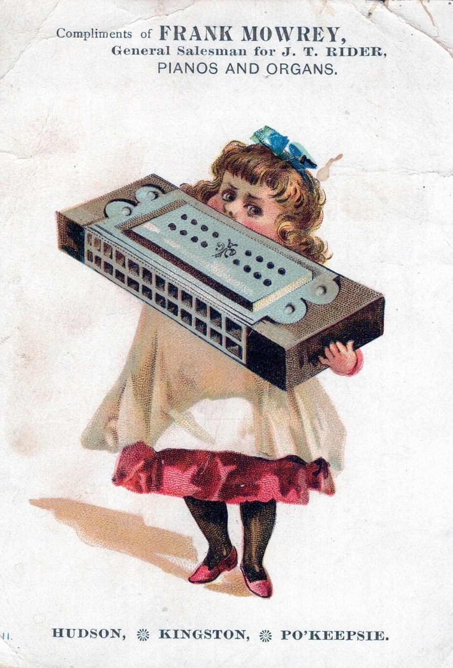 Victorian Trade Card Kimball Piano J.T. Rider Organ Child Holding Harmonica A3J