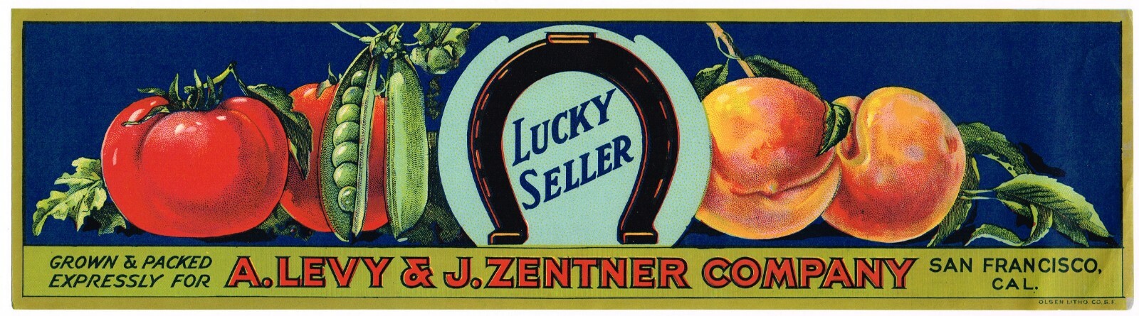 GENUINE 1920S LUCKY SELLER CRATE LABEL VINTAGE RARE SAN FRANCISCO PEACH PEAS