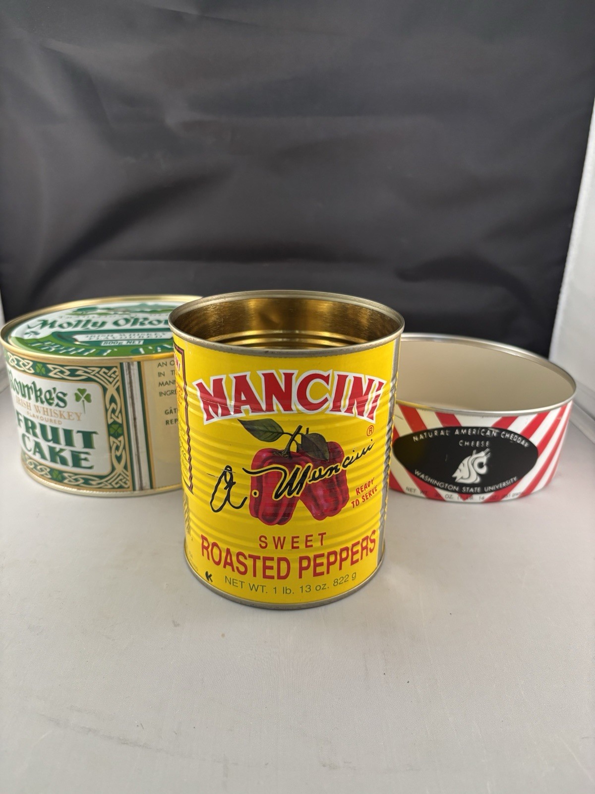 Colorful Unusual EMPTY Food Tins Cans LOT of THREE Cheese/ Fruitcake/ Peppers
