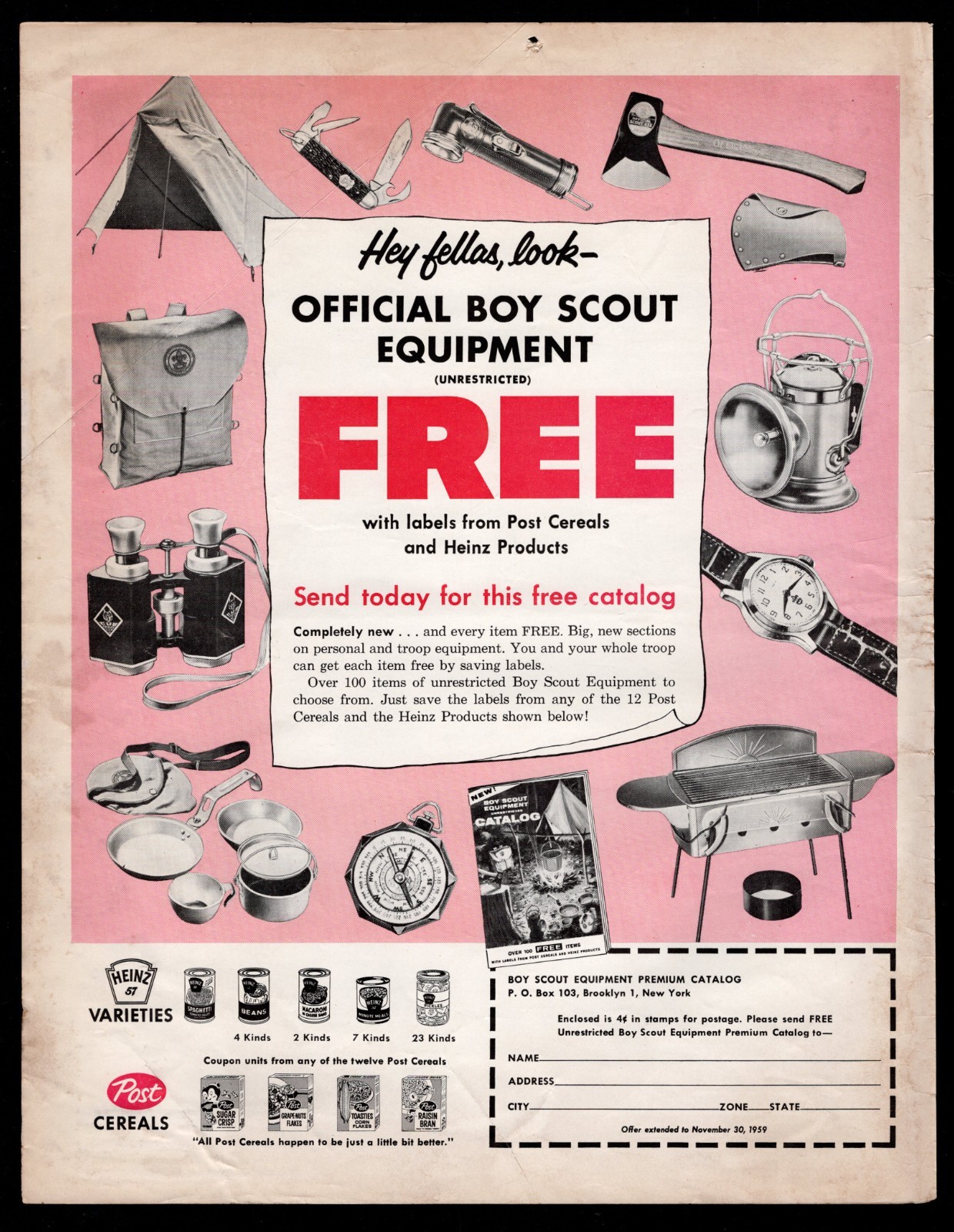 1958 Boy Scout Equipment Premium Catalog Heinz 57 Post Cereals Labels Print Ad