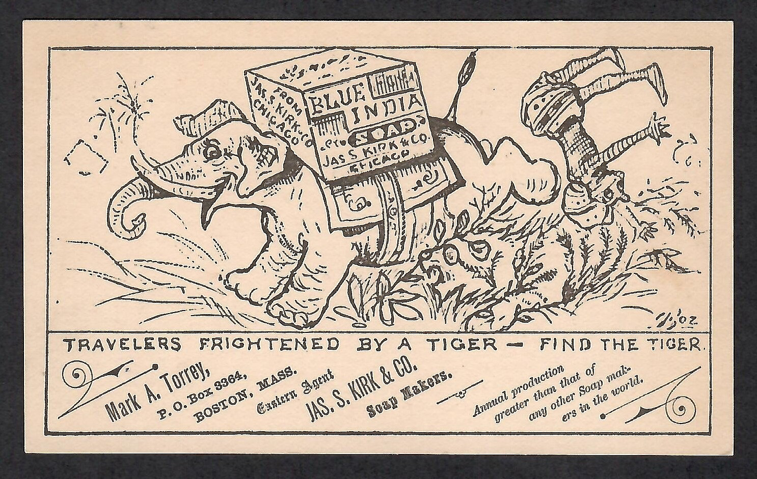 FIND THE TIGER~BLUE INDIA SOAP PUZZLE TRADE CARD~JAS. S. KIRK CO., SOAP MAKERS