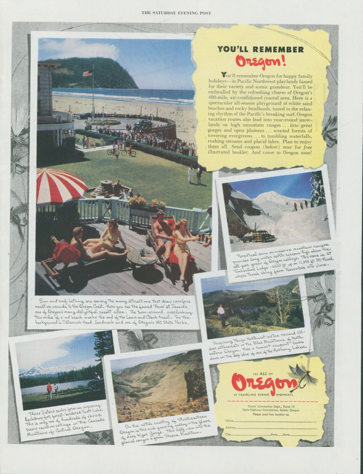 1949 Oregon Travel Prom Seaside Three Sisters Timberline Vintage Print Ad SP17