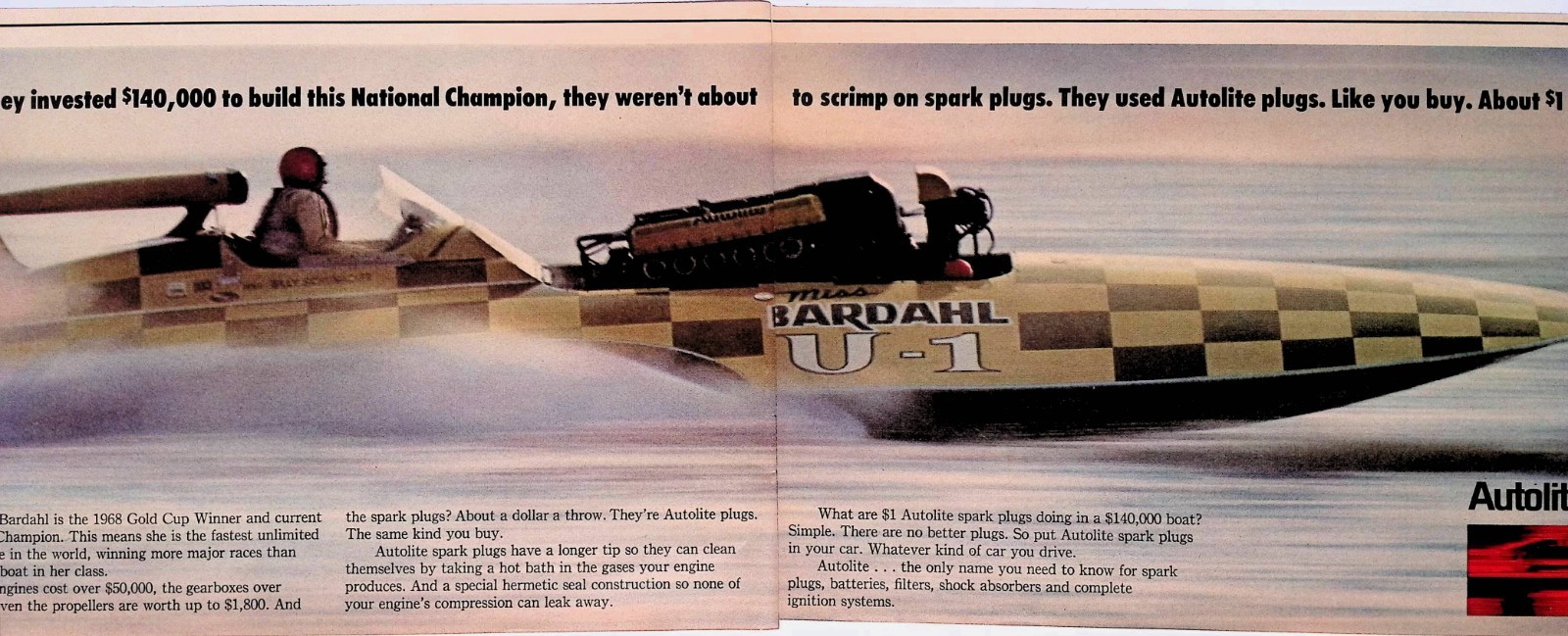 1969 Miss Bardahl Gold Cup Winner Autolite Spark Plugs Print Ad LIFE Jan 10