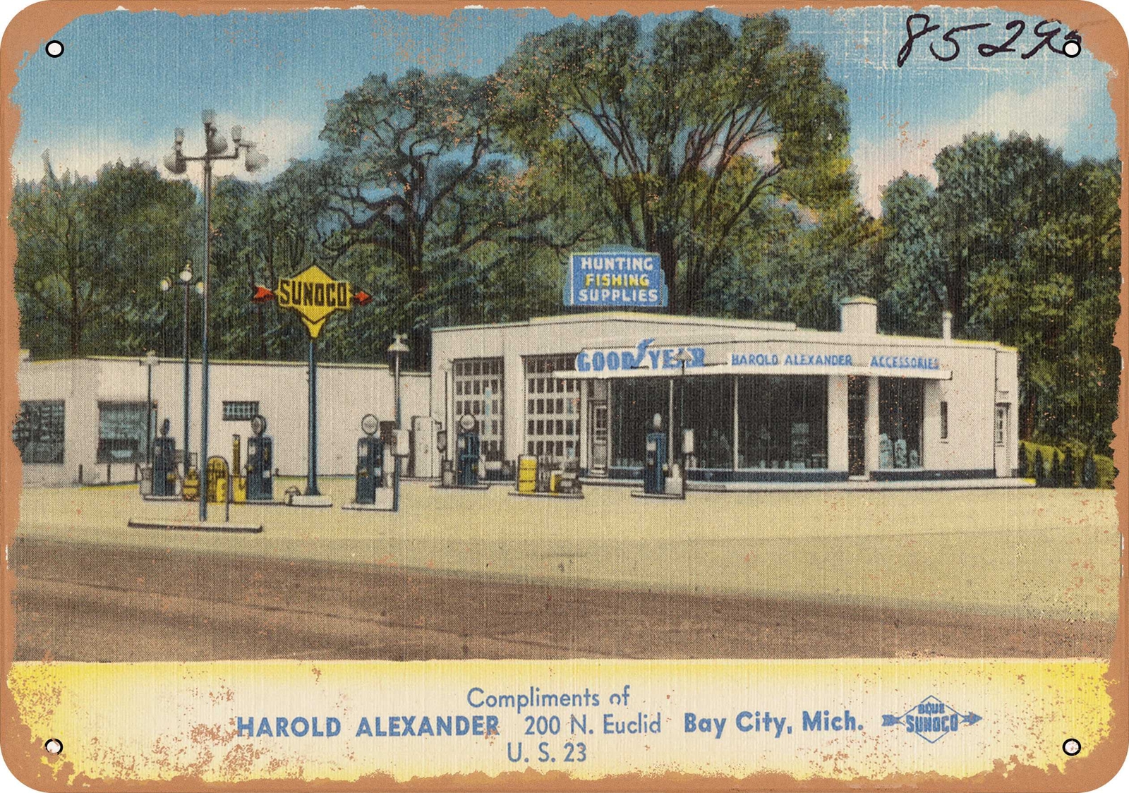METAL SIGN – Michigan Postcard – Harold Alexander, 200 N. Euclid Ave. — U. S.