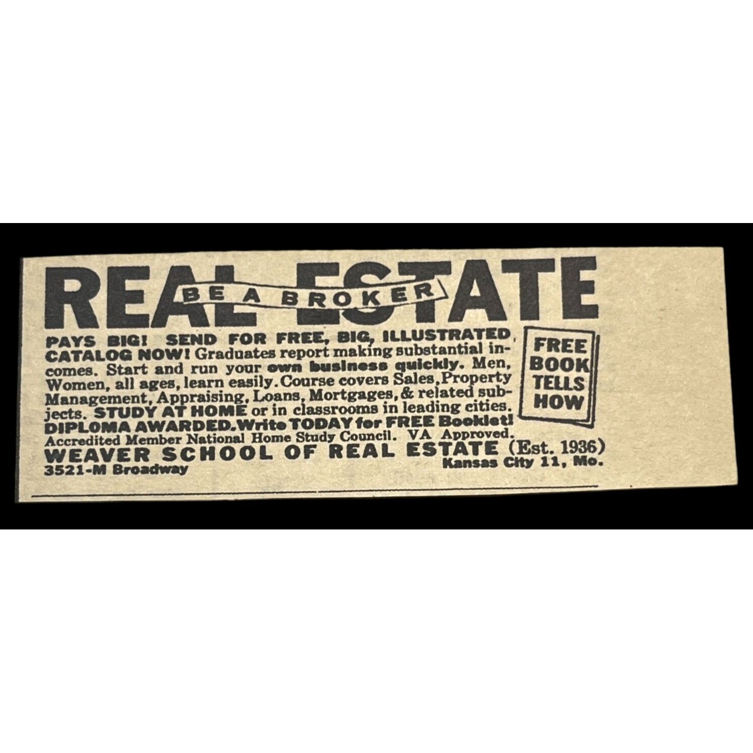 Weaver School of Real Estate Vintage Mini Print Ad 1960s Study Kansas City MO