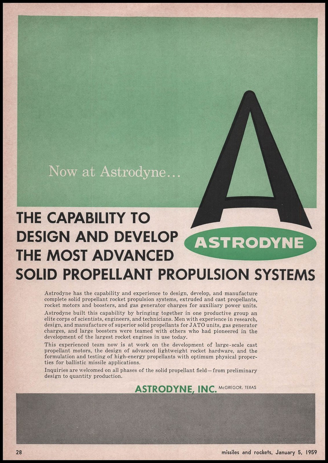 1959 Astrodyne Inc. McGregor Texas Solid Jet Propulsion Systems Vintage Print Ad
