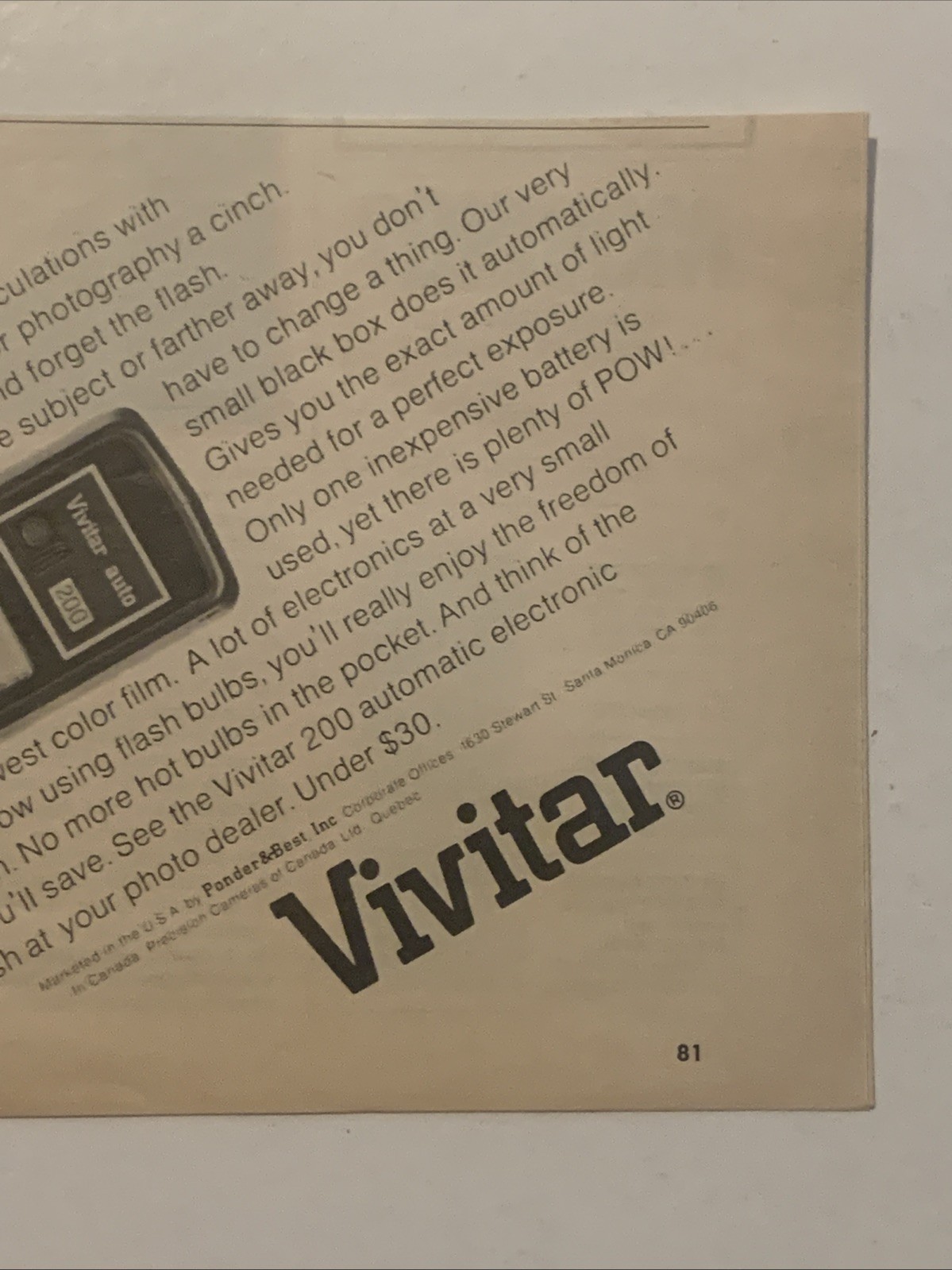 1974 Vivitar 200 Camera Flash PRINT AD Automatic Electronic VTG 1970s For 35mm