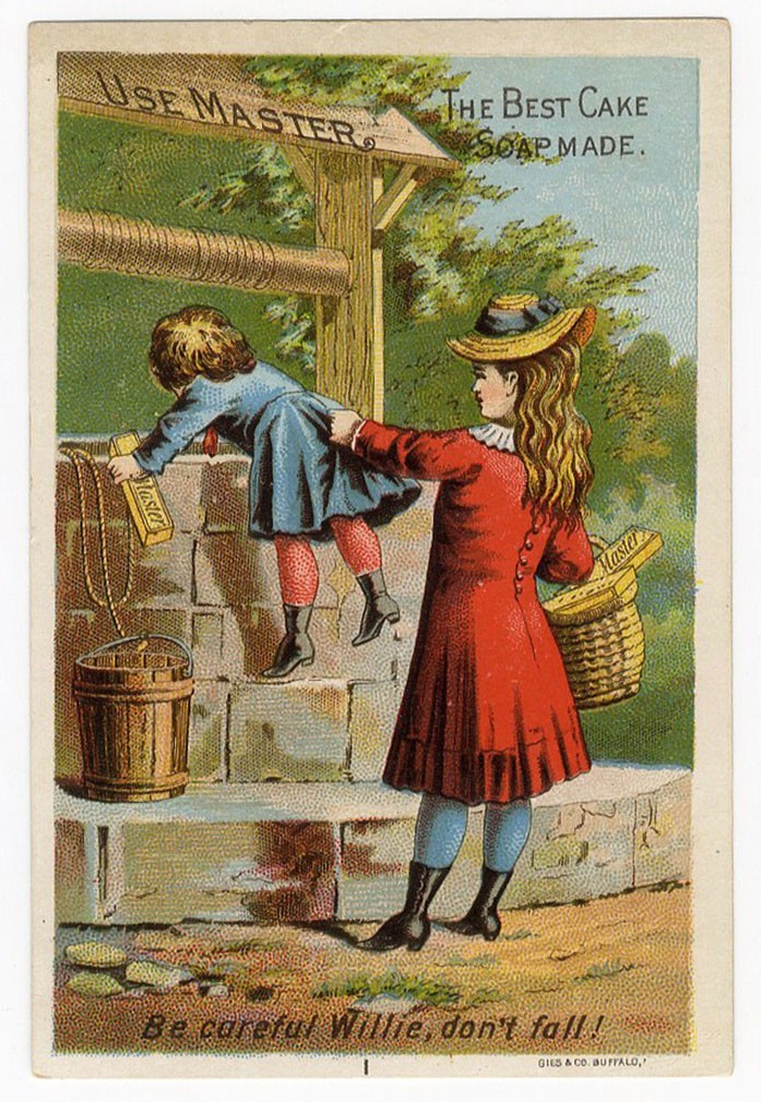 ACME SOAP Lautz Bros Victorian Trade Card No 1 in Series WILLIE FALLS INTO WELL