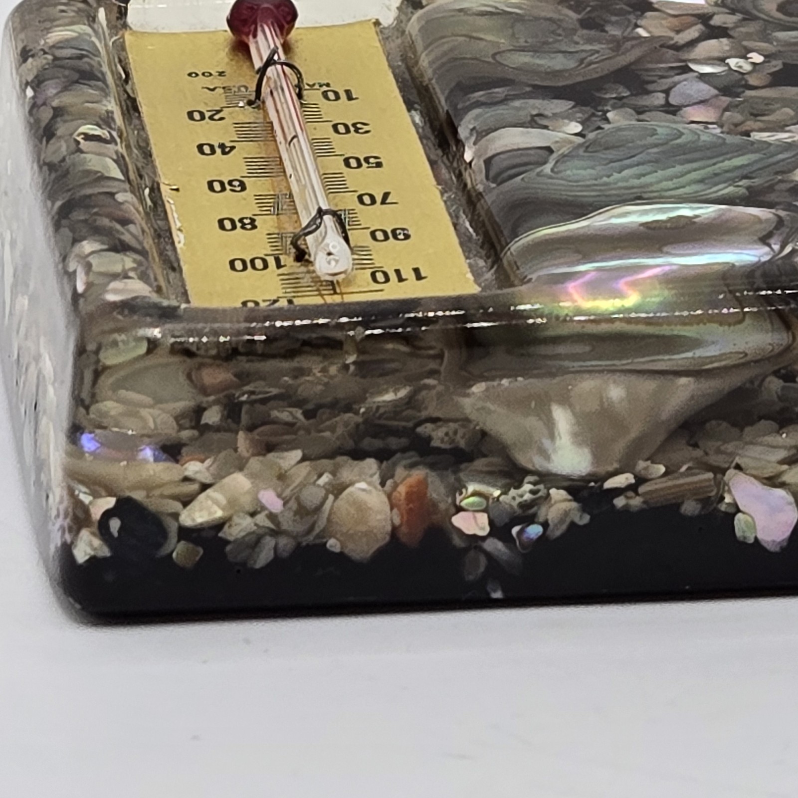 Vtg Abalone Seashell Paperweight Lucite Block Thermometer SAN FRANCISCO 4×3