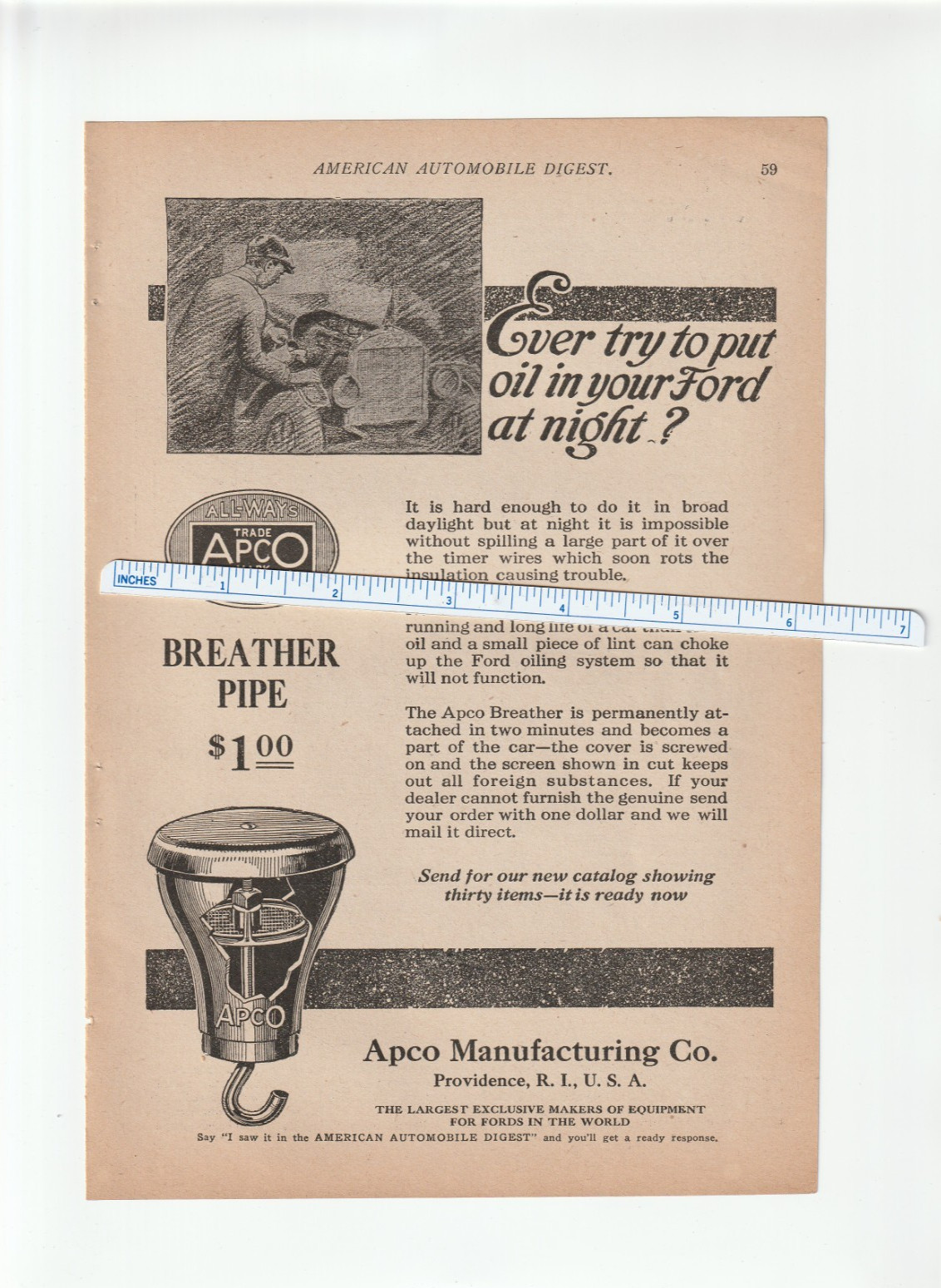 Vintage 1920 APCO Oil BREATHER PIPE Magazine AD~MANUFACTURING Co. Providence, RI