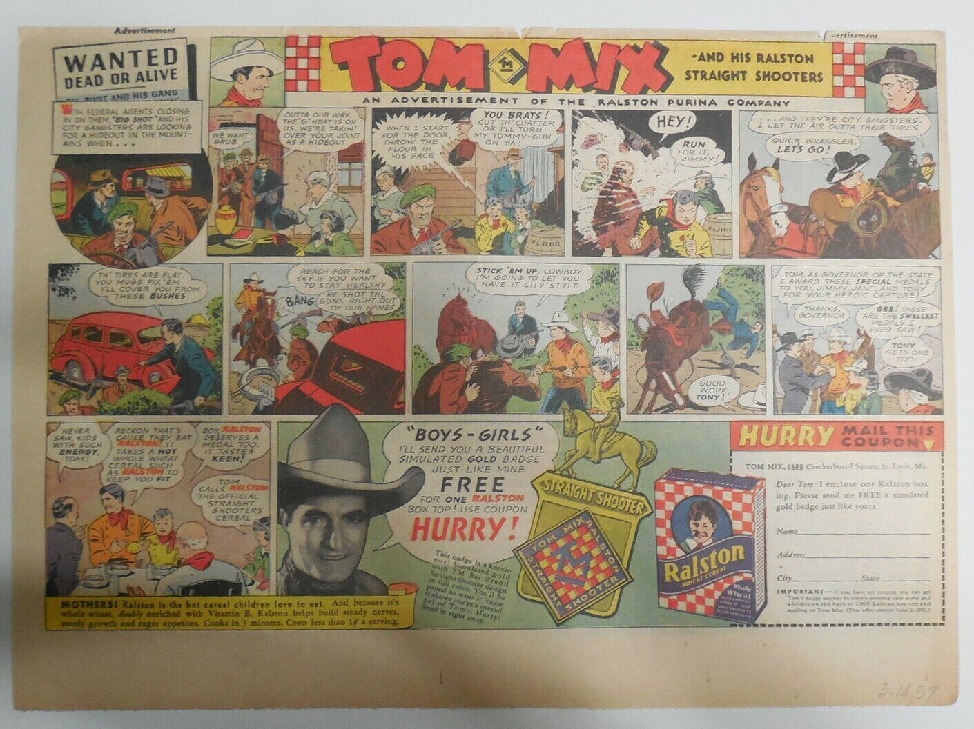 Ralston Cereal Ad: Tom Mix “Gold Badge” Premium 1937 Size:11 x 15 inches