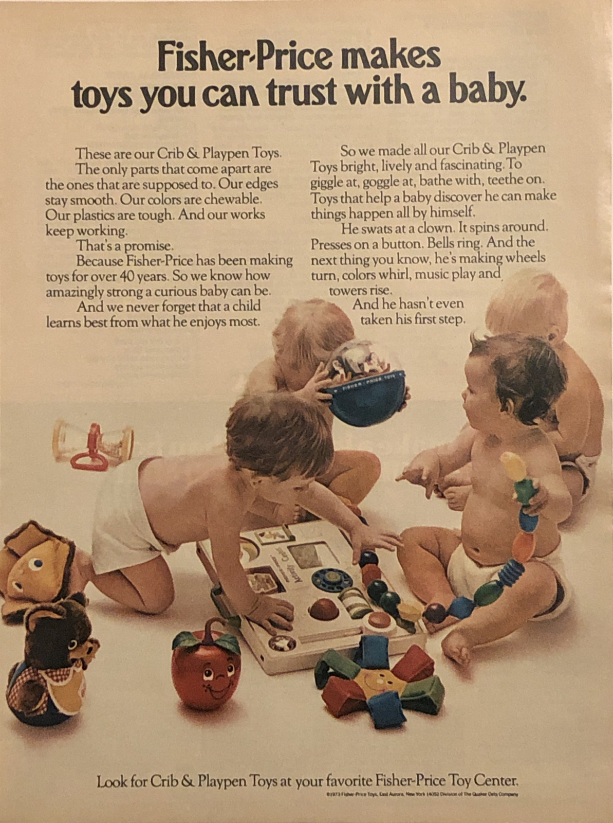 1973 Fisher-Price Crib & Playpen Toys PRINT AD You Can Trust VTG 1970s Babies