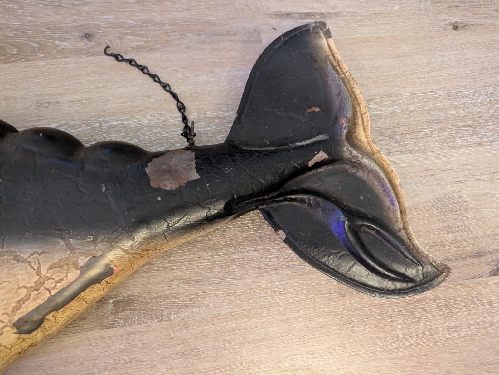 RARE Large Antique Handmade Whale Whaling Fish Tin Hanging Trade Sign Sculpture